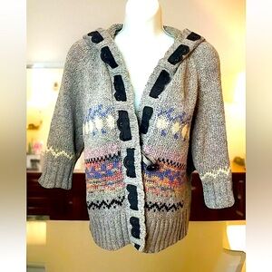 ❄️MACY’S NORDIC 3/4 SLEEVE LACE RIBBON TRIM HOODIE SWEATER CARDIGAN EUC❄️
